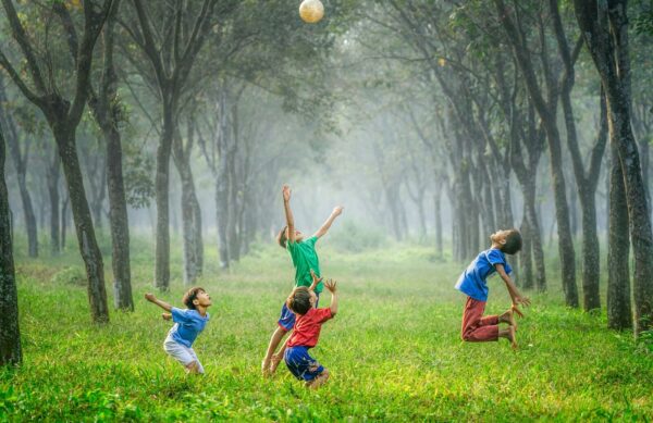 four boy playing ball on green grass